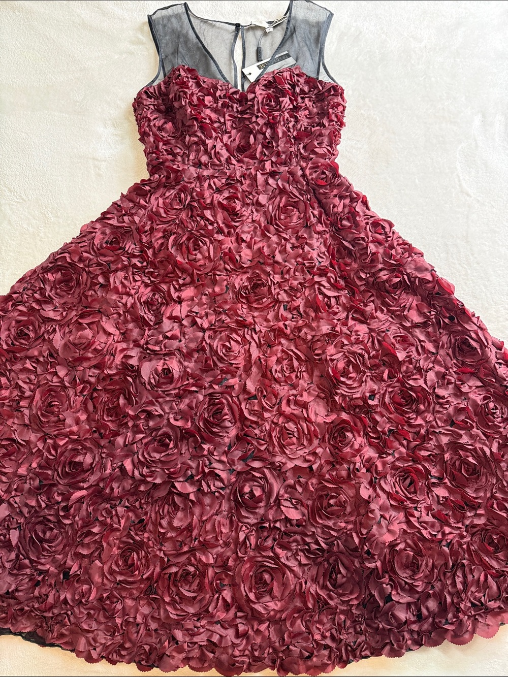 NWT Tracy Reese Burgundy Silk Rosette Floral Cocktail Dress Illusion Mesh Size 8 - Picture 9 of 16